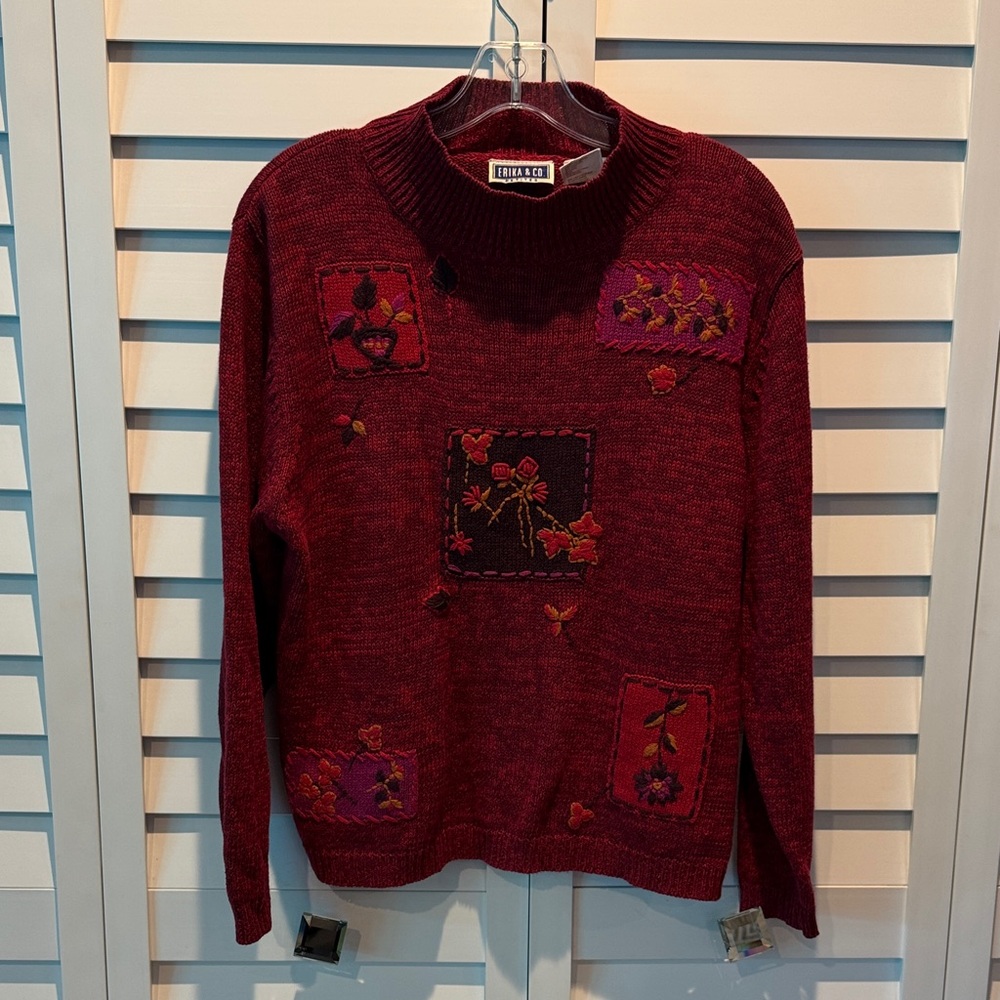 Erika & Co. Vintage Burgundy Women's Turtleneck Sweater with Embroidered Accents